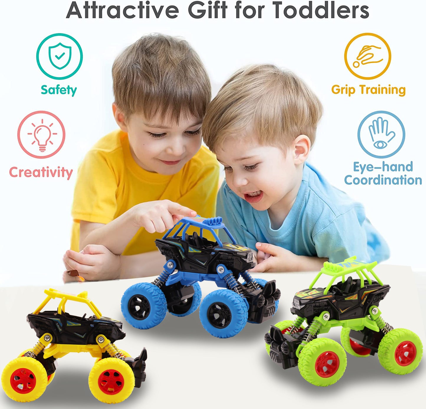 Ficcug 2 Pcs Pull Back Cars Toys Trucks,Friction Powered Cars for Kids,Alloy Off-Road Climbing Vehicles,Inertia Car Toys for 3 4 5 6+ Year Old Boys Girls