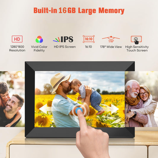 Ficcug 10.1 inch Wifi Digital Picture Frame,IPS HD Touch Screen Cloud Smart Photo Frames,Auto-Rotate,Share Photos/Videos Instantly from Anywhere