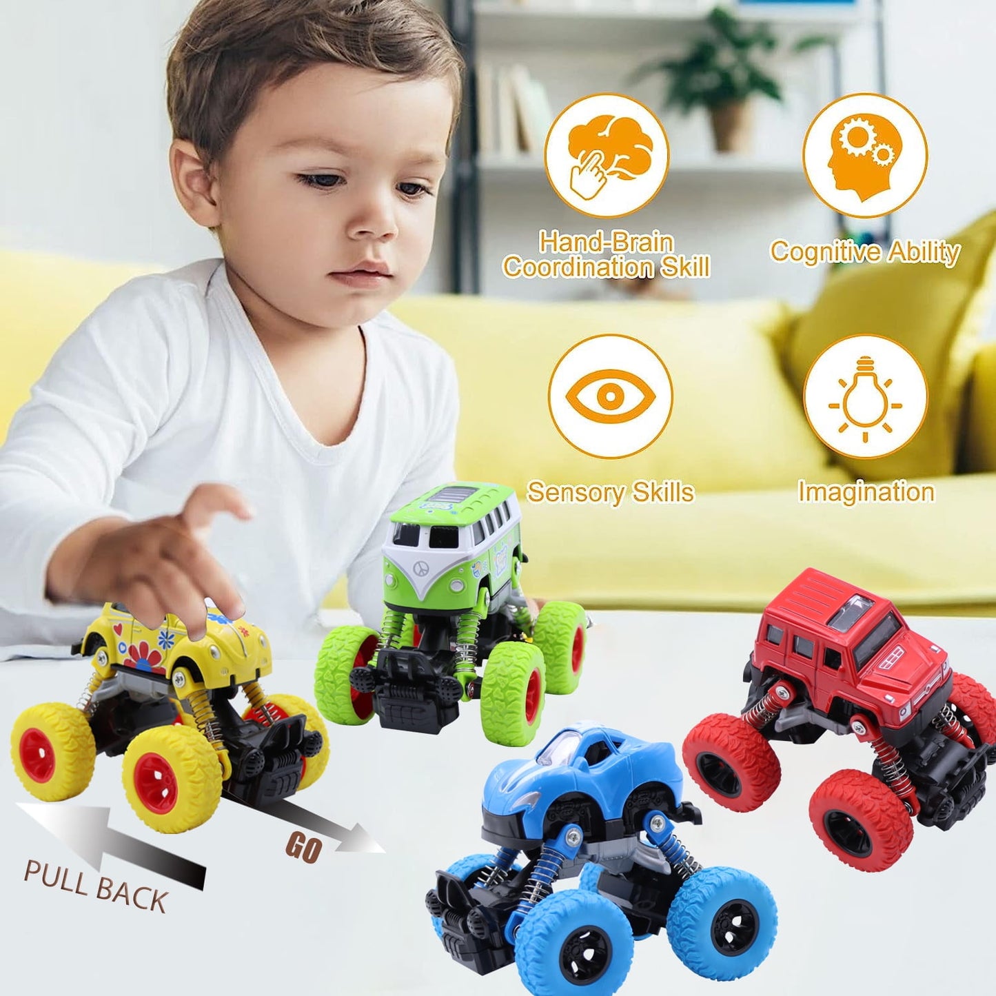 Ficcug 2 Pack Pull Back Cars Toys Trucks,Friction Powered Cars for Kids,Toddler Toys Inertia Car Toys  for 2 3 4 5 + Year Old Boys Girls