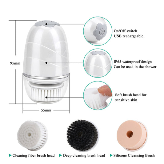 Ficcug 3 in 1 Rechagable Facial Cleansing Brush- Face Spin Brush Set, Deep Cleansing, Gentle Exfoliating, Removing Blackheads, Massaging, Face and Body